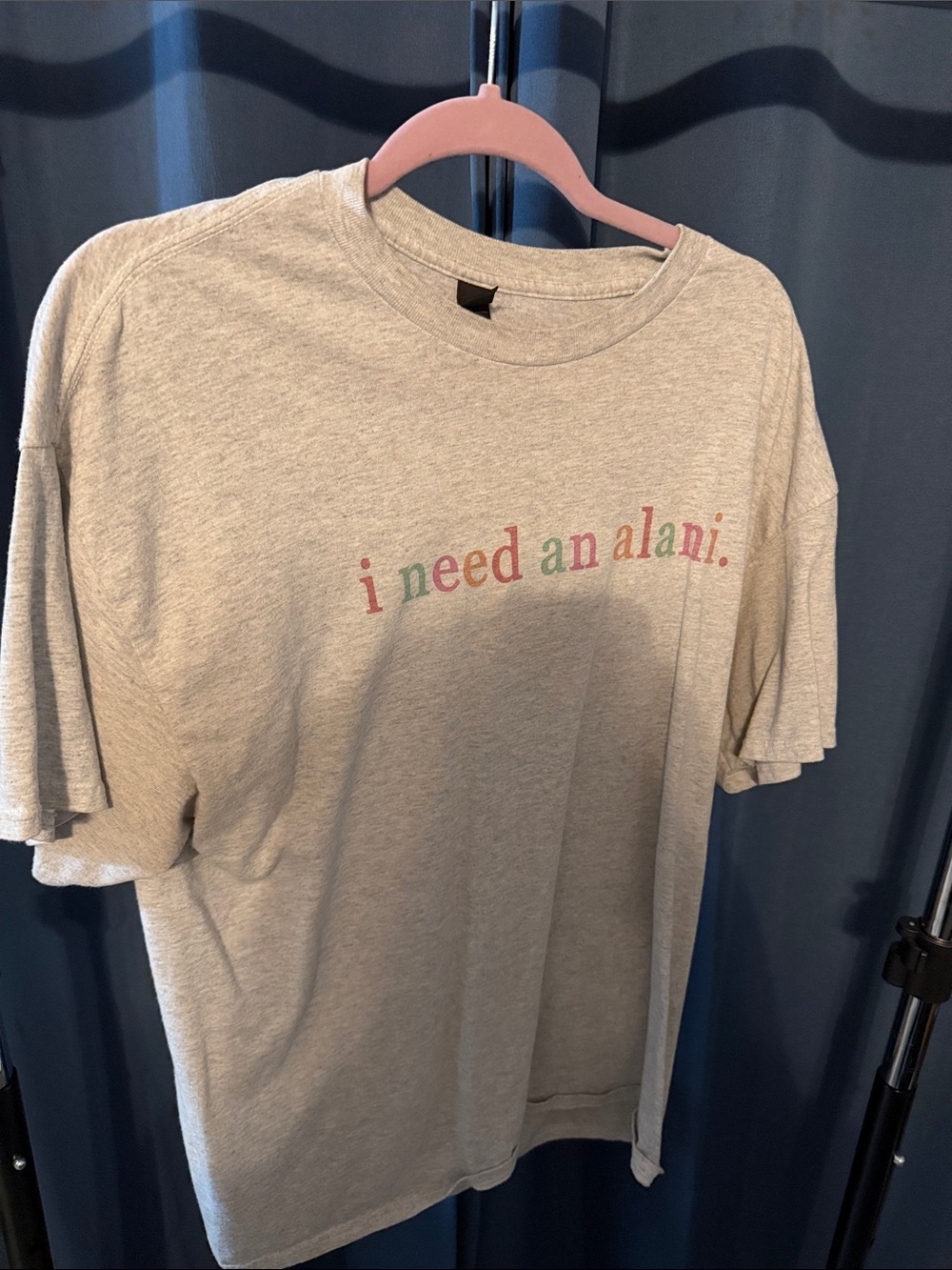 Gildan Heather Gray Tee with Multicolor 'i need an alani.' Text